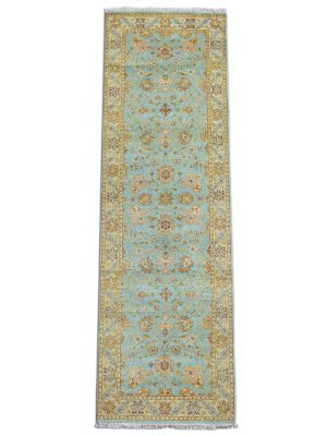 Amritsari floral runner handknotted wool carpet with sky blue base and golden motifs – luxury oriental rug