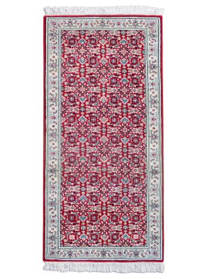Ruby Grid Runner hand knotted wool carpet with red base, floral and geometric motifs, and elegant border – luxury oriental rug