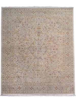 Hand knotted wool carpet in beige with delicate floral and arabesque motifs, Whispering Garden by Den Decor India.