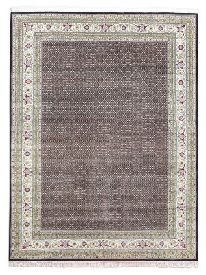Ebon Garden hand knotted wool carpet with black base, geometric patterned background, and floral border – luxury oriental rug