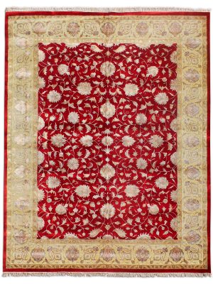 Handknotted wool oriental carpet with golden leaves on red background – luxury regal rug