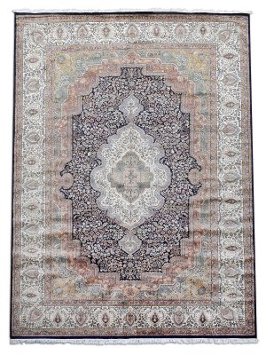 Shalimar hand-knotted viscose rug with Oriental medallion, floral vines, and paisley border in navy, ivory, gold, and terracotta tones