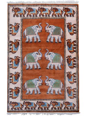 Elephant Court hand-knotted wool rug with elephant motifs and Kashmiri-inspired borders in warm brown and peach tones