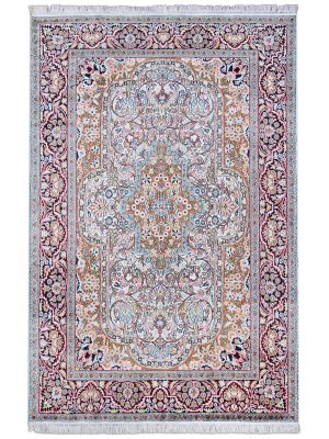 Handknotted oriental viscose carpet with foliage-filled border and central medallion in rust, orange, and pale blue by Den Decor India