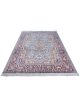 Handknotted oriental viscose carpet with foliage-filled border and central medallion in rust, orange, and pale blue by Den Decor India