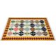 Flatwoven dhurrie with hexagon and inner link motifs in warm tones of brown, yellow, blue, and green – artisanal geometric rug
