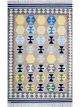 Flatwoven dhurrie with hexagon and inner link motifs in blue, yellow, brown, and grey – modern geometric rug