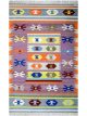 Flatwoven carpet with multicolor Aztec motifs on pink base – geometric artisanal rug