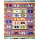 Flatwoven carpet with multicolor Aztec motifs on pink base – geometric artisanal rug