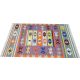 Flatwoven carpet with multicolor Aztec motifs on pink base – geometric artisanal rug