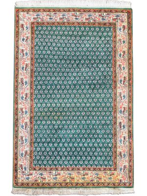 Handknotted dark green boteh carpet with brown and white borders – luxury oriental wool rug