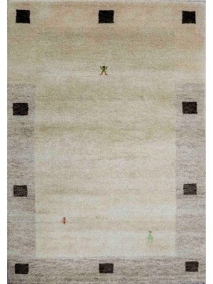 Beige hand-knotted wool carpet with brown squares and small human motif Rooted Muse