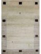 Beige hand-knotted wool carpet with brown squares and small human motif Rooted Muse