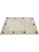 Beige hand-knotted wool carpet with brown squares and small human motif Rooted Muse