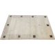 Beige hand-knotted wool carpet with brown squares and small human motif Rooted Muse